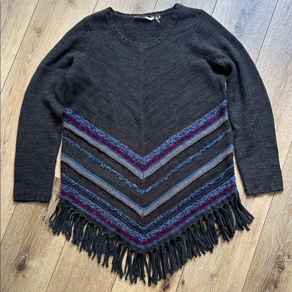 Soft Surroundings Womens Gray Foley Fringe Tunic Sweater Size M Boho Artsy